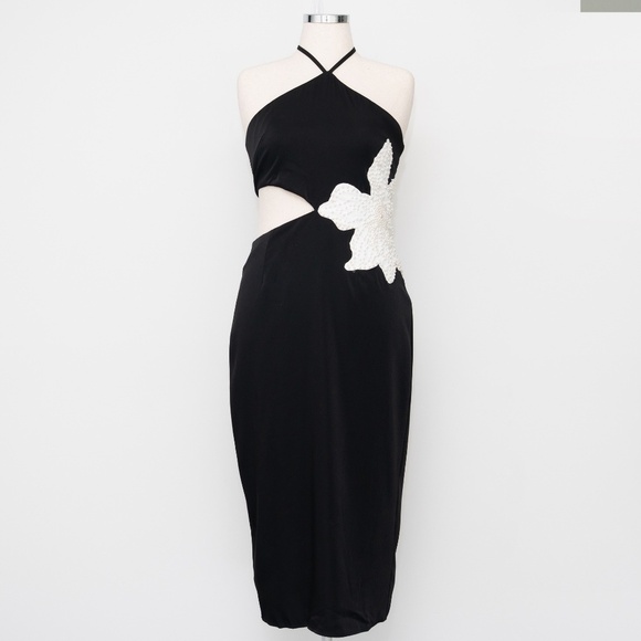 Avec Les Filles - Floral Applique Cutout Halter Midi Dress - Picture 2 of 13